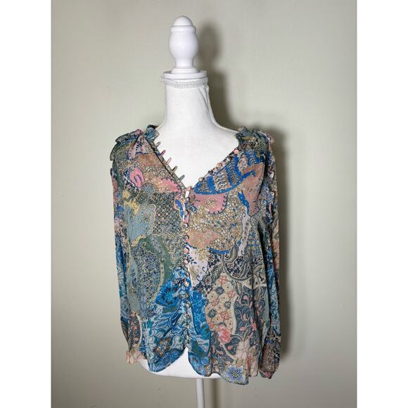 Misa PINK AND BLUE Pattern Button Up Blouse Sz s - Picture 2 of 4